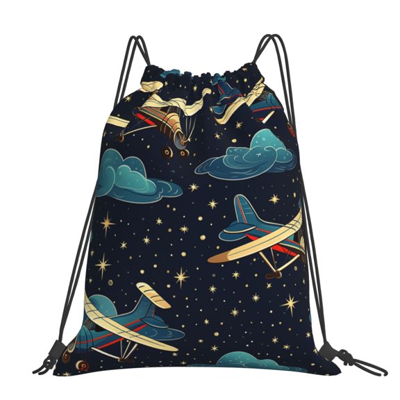 Airplane Retro Old Fashioned Stars Large Drawstring Backpack Casual Cinch Sack Bag Backpack for Sports Hiking Travel Gym