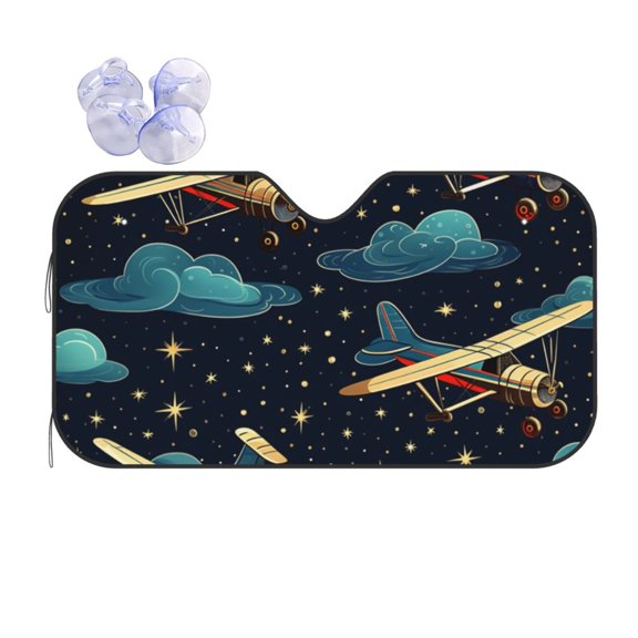 Airplane Retro Old Fashioned Stars Reflective Car Windshield Sunshade, UV Ray Reflector Sun Visor Universal Fit for SUVs, Trucks, Sedans,S
