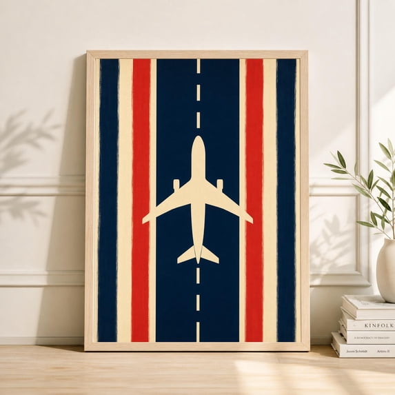 Airplane Runway Poster, Top Down Jet Illustration, Navy Red Minimalist ...
