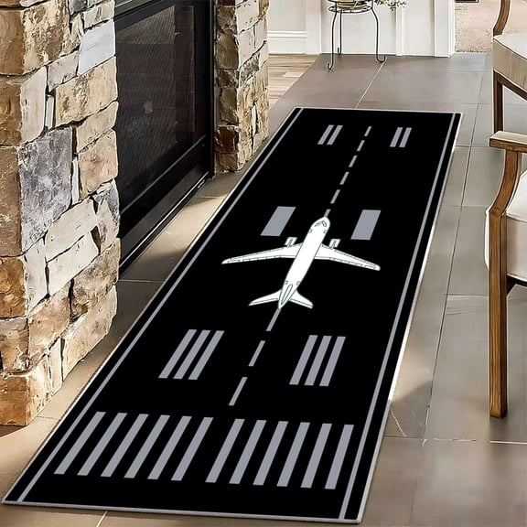 Airplane Runway Runner Rug 2x6ft, Washable Black Aviation Non-Slip Floor Mat, Modern Pilot Theme Carpet for Kids Bedroom, Gamer Room, Playroom