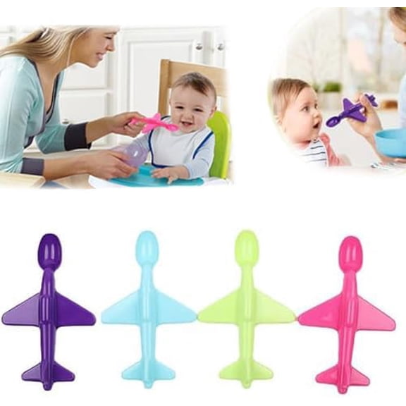 Airplane Shape Children Spoon, Plastic Toddler Training Self Feeding Utensils, Anti Slip Eco Friendly Kids Tableware for Dorm Home School (4 Pack)