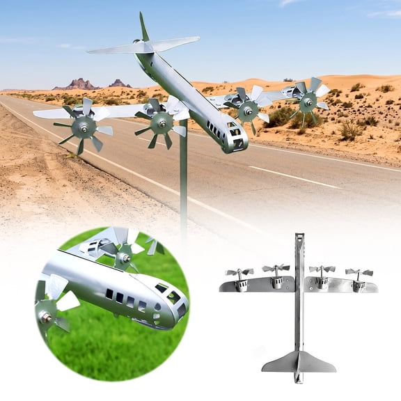 Airplane Shaped Metal Wind Spinner Stake Four Propeller Windmill Sculpture Weather Resistant For Backyard Lawn Pathway Farmhouse Outdoor Garden Landscape Decor Supply