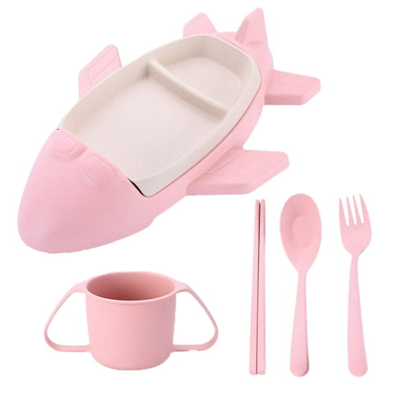Airplane Shaped Tableware Set for Kitchen and Dining Table - Fiber Dinner Tray for Boys and Girls with Separate Plates Cutlery and Water Cup Wheat Straw Design