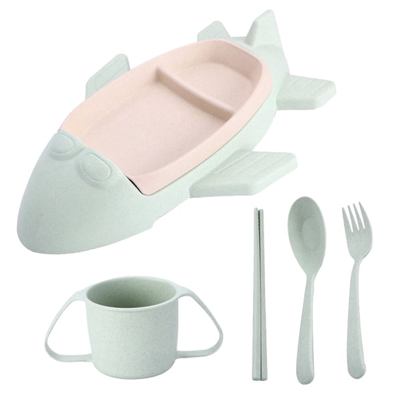Airplane Shaped Tableware Set for Kitchen and Dining Table - Fiber Dinner Tray for Boys and Girls with Separate Plates Cutlery and Water Cup Wheat Straw Design