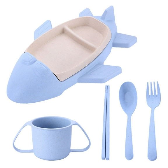 Airplane Shaped Tableware Set for Kitchen and Dining Table - Fiber Dinner Tray for Boys and Girls with Separate Plates Cutlery and Water Cup Wheat Straw Design