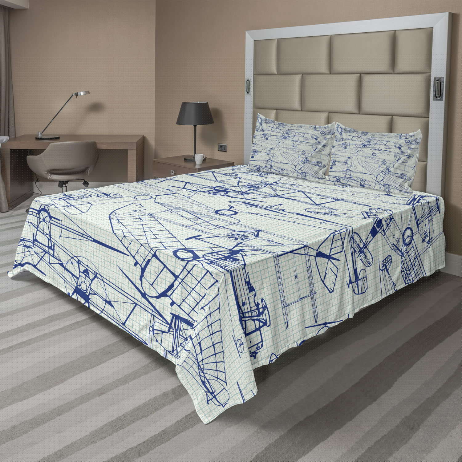 thumbnail image 1 of Ambesonne Nostalgic Fitted & Top Sheet Set with Shams, Old Airplane Drawing, Violet Blue Turquoise, 1 of 4