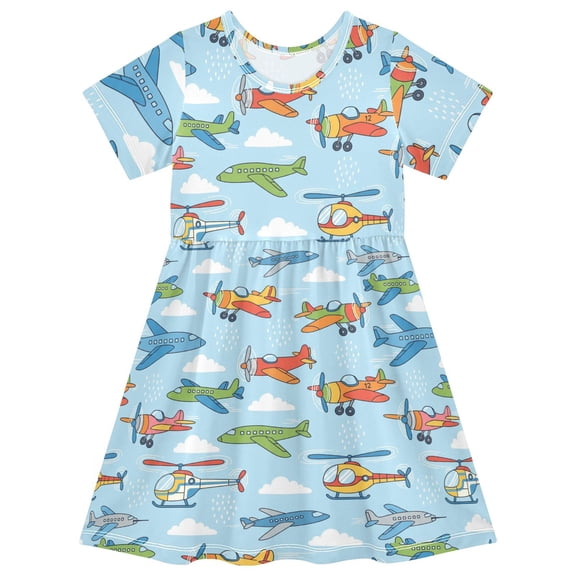 Airplane Short Sleeve Dress A-Line Cute Midi Casual Sundress 2-8 Years