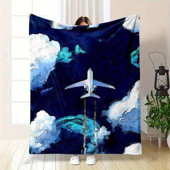 Airplane in the Sky Print Flannel Throw Blanket, 100% Polyester Non-Woven Fabric, All-Seasons Reversible Digital Printing Flannel Throw, Contemporary Style
