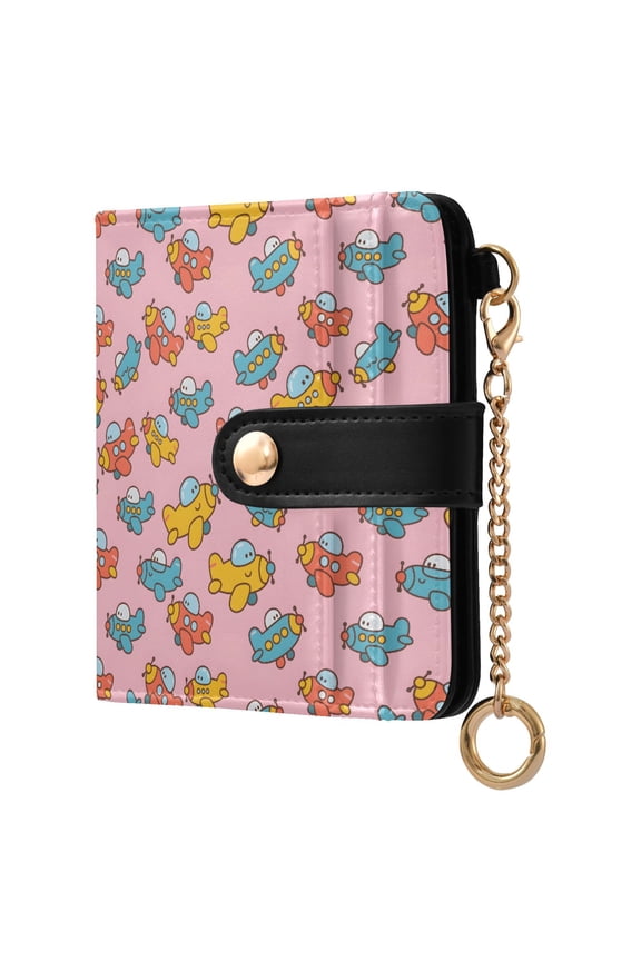 Airplane Small Wallet for Women RFID Blocking Bifold PU Leather Credit Card Holder with Zipper Coin Pocket Compact Cute Travel Purse Magnetic Snap 7 Card Slots