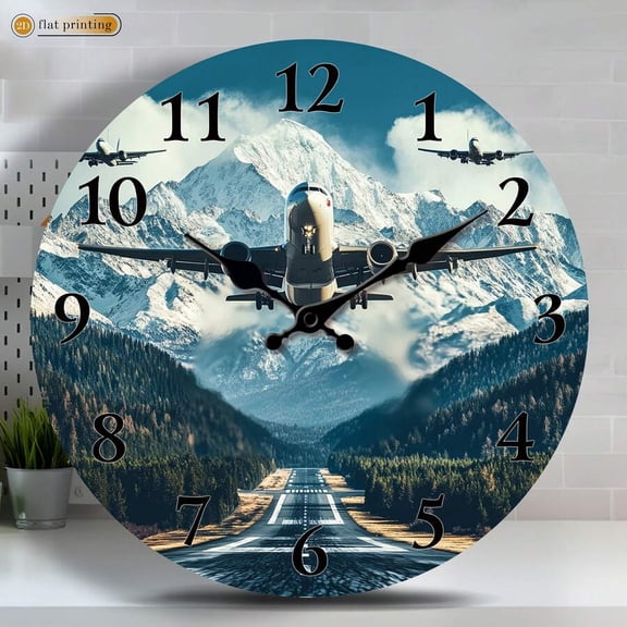 Airplane Snow Mountain Runway Round Wall Clock, Silent Non-Ticking Aviation Clock, Pilot Aircraft Decor for Office Bedroom Living Room Home