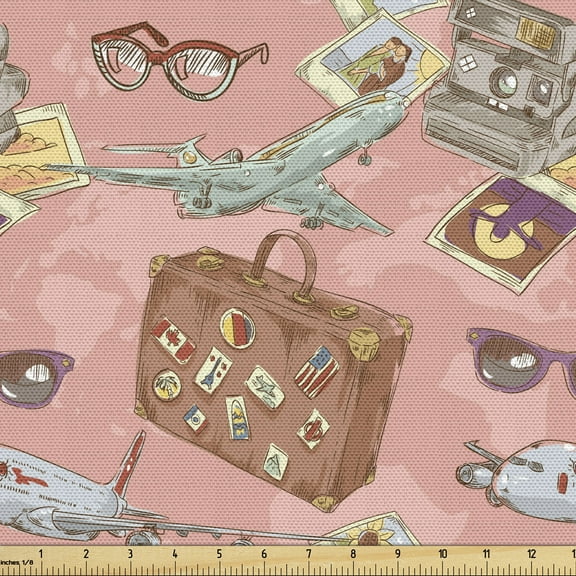 Ambesonne Airplane Fabric by the Yard Upholstery, Bon Voyage Vacation, 5 Yards, Multicolor