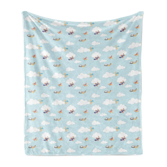 Airplane Soft Flannel Fleece Blanket, Continuous Clouds and Aircraft Planes in Pastel Tones Cartoon Print, Cozy Plush for Indoor and Outdoor Use, 60" x 80", Baby Blue and Multicolor, by Ambesonne