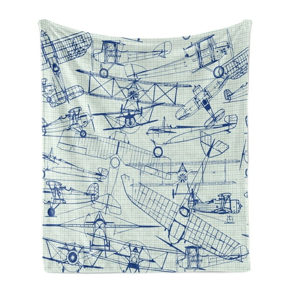 Airplane Soft Flannel Fleece Blanket, Old Airplane Drawings Classic Dated Flight Vintage Style Nostalgic Jets, Cozy Plush for Indoor and Outdoor Use, 50" x 70", Violet Blue Turquoise, by Ambesonne