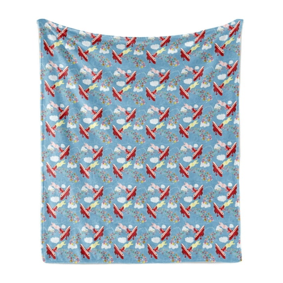 Airplane Soft Flannel Fleece Blanket, Retro Biplanes with Pennants Throwing Present Boxes Announcement Celebration Art, Cozy Plush for Indoor and Outdoor Use, 50" x 70", Multicolor, by Ambesonne