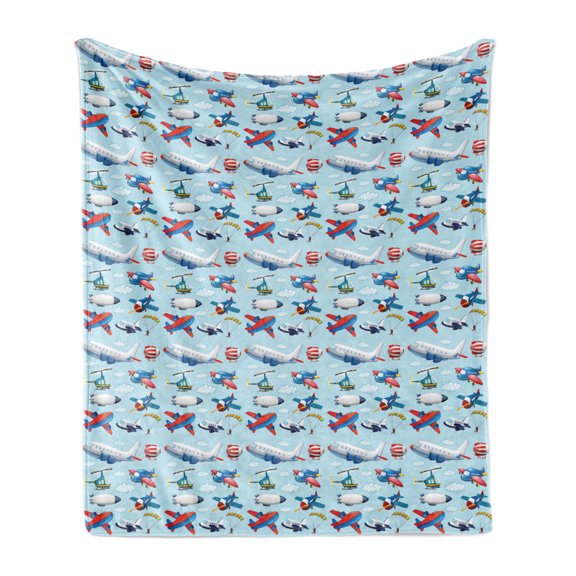 Airplane Soft Flannel Fleece Throw Blanket, Different Types of Cartoon Aircraft Floating in Blue Sky with Sky Diving People, Cozy Plush for Indoor and Outdoor Use, 50" x 60", Multicolor, by Ambesonne