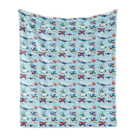 Airplane Soft Flannel Fleece Throw Blanket, Different Types of Cartoon Aircraft Floating in Blue Sky with Sky Diving People, Cozy Plush for Indoor and Outdoor Use, 50" x 70", Multicolor, by Ambesonne