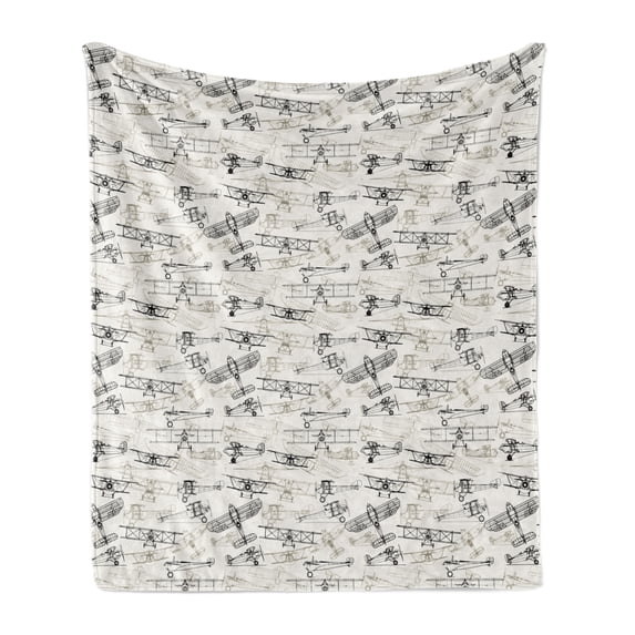 Airplane Soft Flannel Fleece Throw Blanket, Old Fashioned Transportation Hand Drawn Style Vintage Pattern, Cozy Plush for Indoor and Outdoor Use, 50" x 60", Olive Green Tan, by Ambesonne