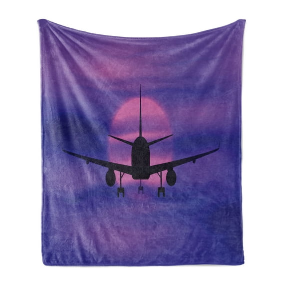 Airplane Soft Flannel Fleece Throw Blanket, Plane Silhouette in Dreamy Sunset Sky Vacation Holiday Travel Theme, Cozy Plush for Indoor and Outdoor Use, 60" x 80", Royal Blue Pink Black, by Ambesonne