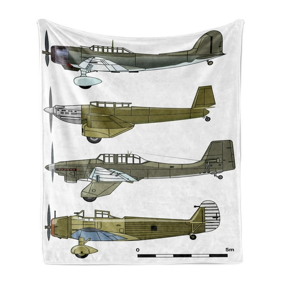 Airplane Soft Flannel Fleece Throw Blanket, Thirties Style Dive in Camouflage Colors Historical Airshow Planes Design, Cozy Plush for Indoor and Outdoor Use, 50" x 70", Green Grey White, by Ambesonne