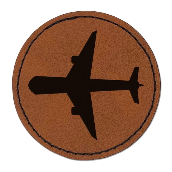Airplane Solid Vacation 2.5" Faux Leather Round Engraved Iron-On Patch - Brown