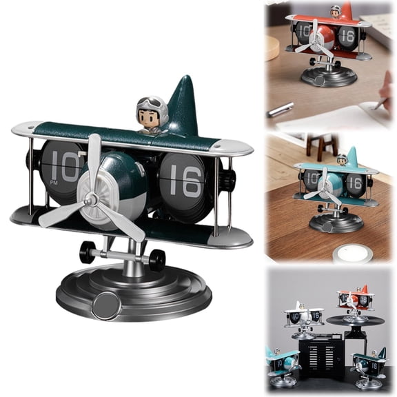 Airplane Statue Flipping Clock, Unique Auto Flip Desk Clock, Creative Aircraft Design Clock for Desktop Ornament, Ideal Clock Decor for Living Room Bedroom Office