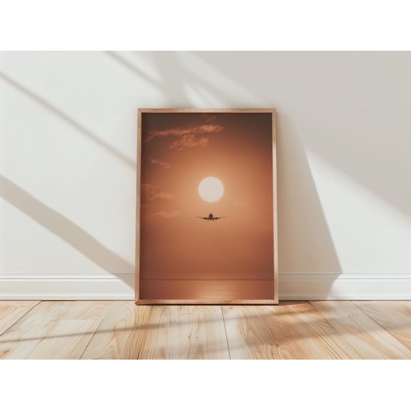 Airplane Sunset Modern Orange Sky Ocean View Graphic Poster Unframed Paper Print