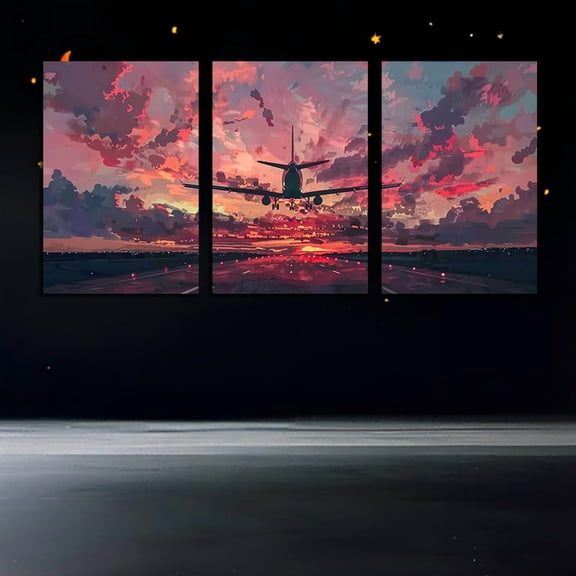 Airplane and Sunset Sky Triptych Canvas Wall Art Set, Frameless Canvas Painting, Aviation Theme Decoration, Suitable for Bedroom, Living Room - Main Material: Canvas