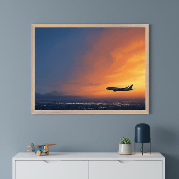 Airplane Sunset Sky Wall Art Aviation Home Decor Travel Office Pilot Jet Illustration Unframed Paper Print