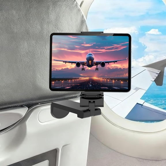 Airplane Tablet Holder Mount, 360 Degree Rotating Hands-Free Travel Stand, Max 7.6" Adjustable Clamp Opening, Compatible with iPad/Galaxy Tab (Not for Tablets Over 12")