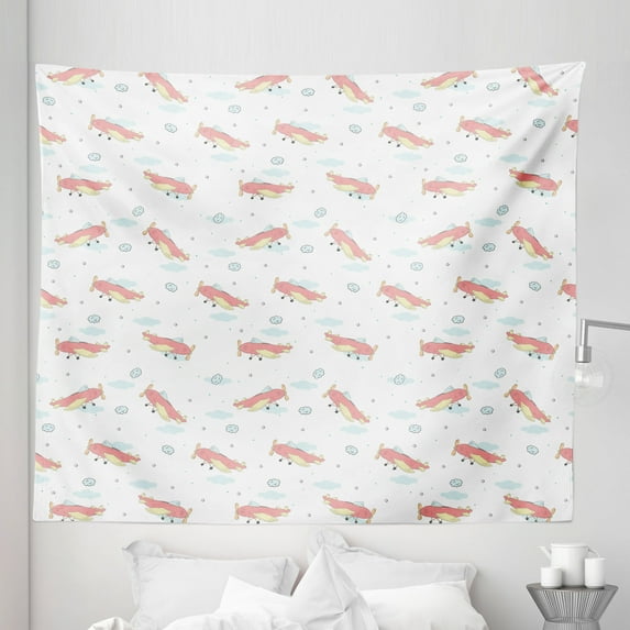 Airplane Tapestry, Comic Pattern with Vintage Planes and Blue Clouds, Fabric Wall Hanging Decor for Bedroom Living Room Dorm, 5 Sizes, Pale Blue Coral, by Ambesonne
