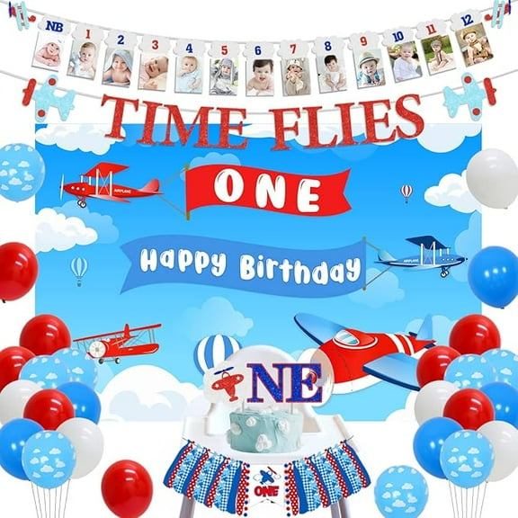 Airplane Theme 1st Birthday Party Decoration Time Flies 1st Birthday Party Banner with Airplane Theme Backdrop, Cake Topper, Photo Banner and High Chair Banner for Airplane Party Supplies