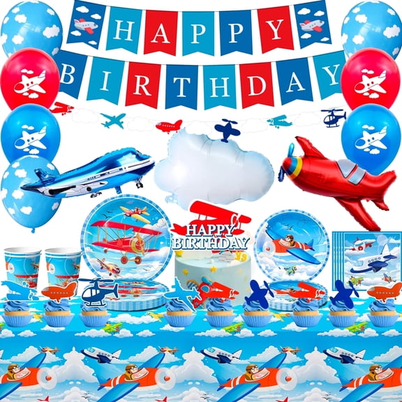 Airplane Theme Party Decorations,95 pcs Airplane Party decorations & Airplane Party Tableware set - Airplane Plates Napkins Cups Table Cloth Balloons Banner etc Airplane Birthday Party Supplies