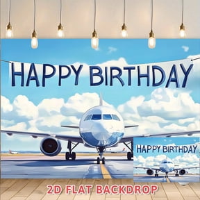 Airplane Themed Happy Birthday Backdrop, Airport Scene Party Decor Banner, Photography Background Prop for Birthday Party, Indoor Outdoor Birthday Event Ambiance Decoration Backdrop