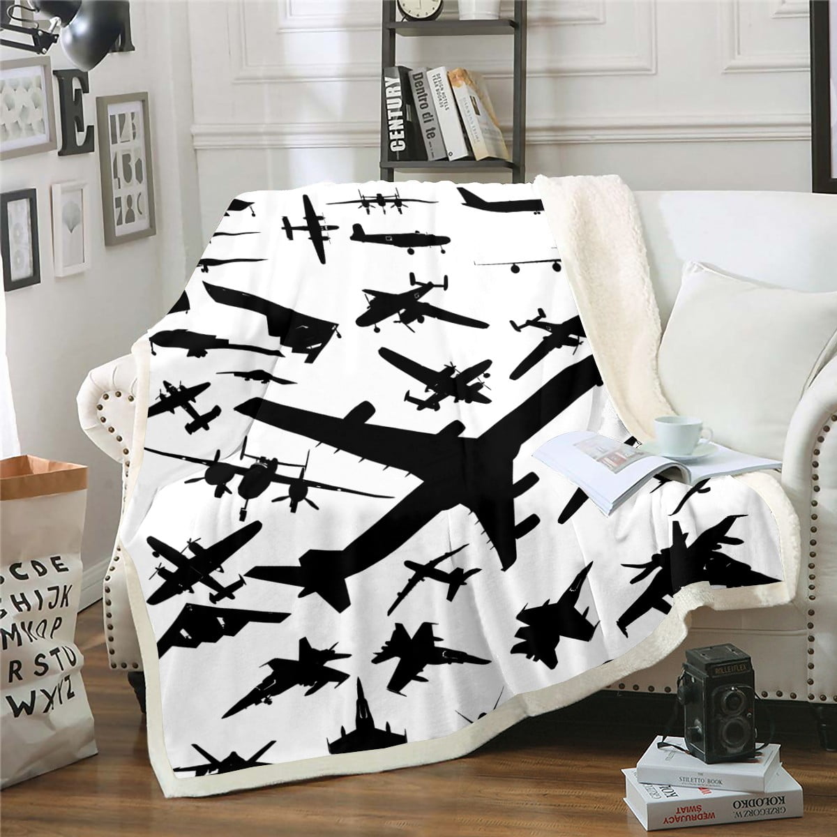 Airplane Throw Blanket Black Aircraft Silhouette Blanket 30