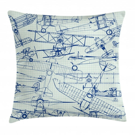 Airplane Throw Pillow Cushion Cover, Old Airplane Drawings Classic Dated Flight Vintage Style Nostalgic Jets, Decorative Square Accent Pillow Case, 18" X 18", Royal Blue, by Ambesonne