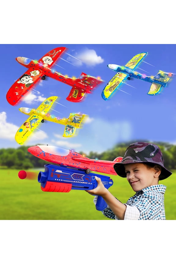 Airplane Toy with Launcher, Kids Toys for 3 4 5 6 7 8 9 10 11 12 Year Old Boy Girl Birthday Gift, 2 Flight Modes Toddler LED Foam Glider Plane for Outdoor Games Activities Party Favors-1 Pack