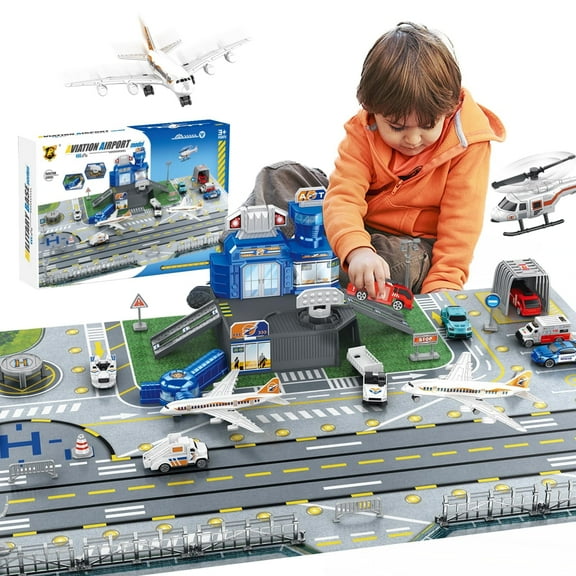 Airplane Toy Set with Trucks, Helicopter, Planes, Signs and Airport Playmat, Interactive Early Learning Toys for Boys Girls, Great Gift for Birthday