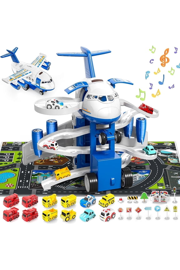 Airplane Toy,Transport Cargo Airplane Toys Music and Airplane Car Toy Play Set, with Vehicle Car Toy 1 Map 1 Barricade for 3+ Blue