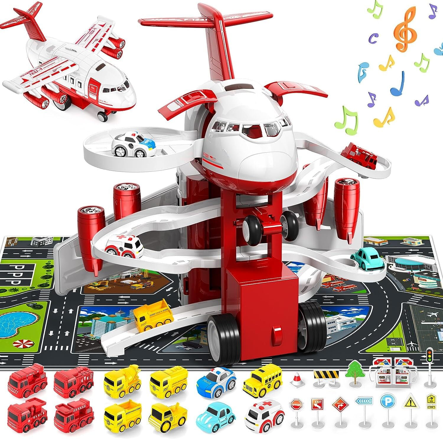 Airplane Toy,Transport Cargo Airplane Toys Music and Airplane Car Toy Play Set, with Vehicle Car Toy 1 Map 1 Barricade for 3+ Red