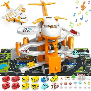 Airplane Toy,Transport Cargo Airplane Toys Music and Airplane Car Toy Play Set, with Vehicle Car Toy 1 Map 1 Barricade for 3  Yellow