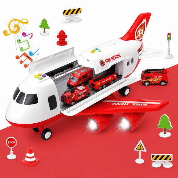Airplane Toy with Fire Truck Cars Transforming Storable Plane Toy with Lights and Sounds Toddlers Birthday for 3 + Years Old Boys and Girls