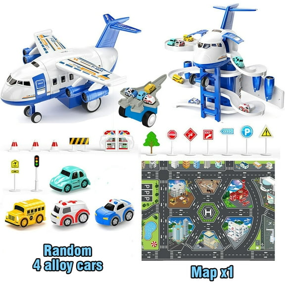 Airplane Toys & Car Ramp Toy Set for Kids, Garage Playset with Race Track, Mat and Signs for Boys Girls Christmas Birthday Gifts