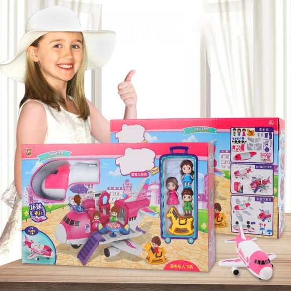 Airplane Toys Transport Cargo Play Set, Beauty Dresser Table Pink Princess Educational Aircraft Game with Stickers, a Helicopter Toy for Kids Toddlers Children Girls Gift for 3 4 5 6 Years Old