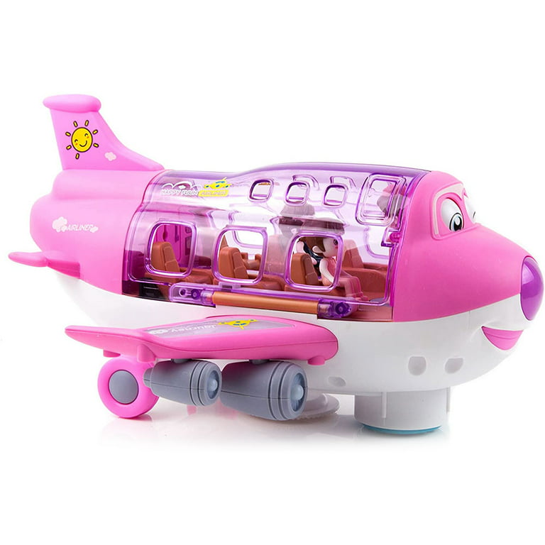 Airplane Toys for Kids Bump and Go Action Toddler Toy Plane with LED Flashing Lights and Sounds for Boys & Girls 3 - 12 Years, Pink