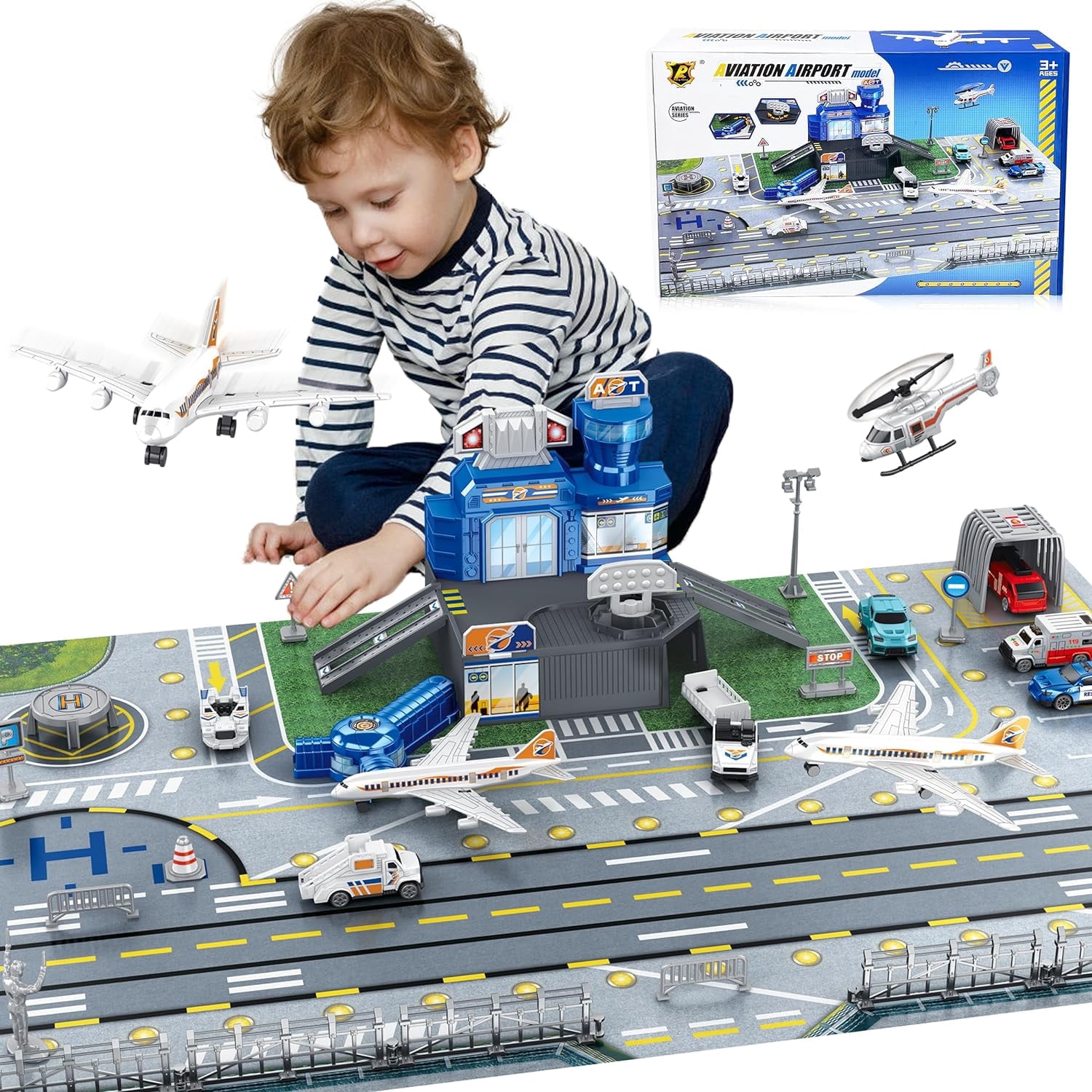 Airplane Toys for Toddlers 2-4, Airplane Toy Set with Trucks Signs and Airport Playmat, Toys for Boys Christmas Birthday Gift