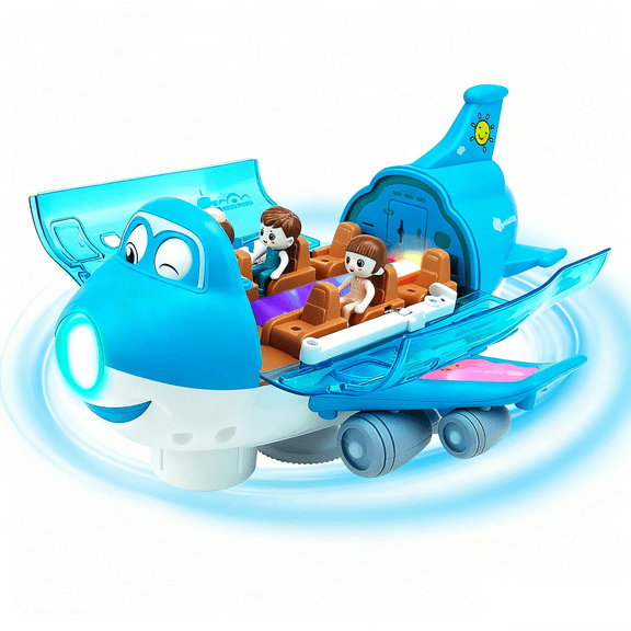 Airplane Toys with Lights and Music,360°Rotating Transforming Aircraf Model, Toddlers Toys for 1-3 years Blue