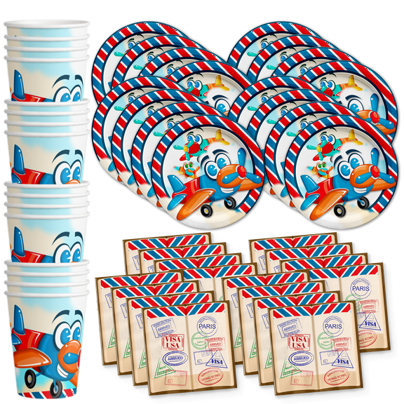 Airplane Travel Birthday Party Supplies Set Plates Napkins Cups Tableware Kit for 16