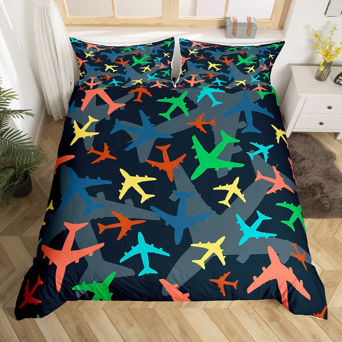 Airplane Twin Size Bedding Set for Boys Kids Colorful Airplanes Print