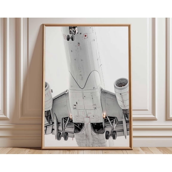 Airplane Underside Aviation Aircraft Close Up Jet Engine Photography Pilot Modern Airplane Wall Art, Unframed Paper Poster 8x10in