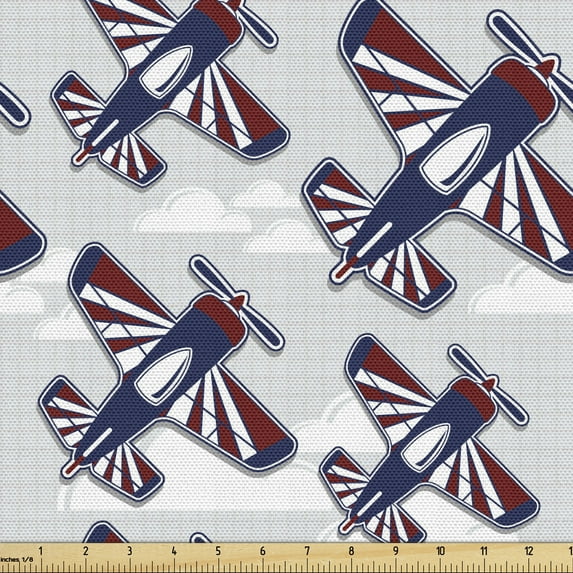 Ambesonne Airplane Fabric by the Yard Upholstery, Airships Above Clouds, 3 Yards, Navy Blue Red White